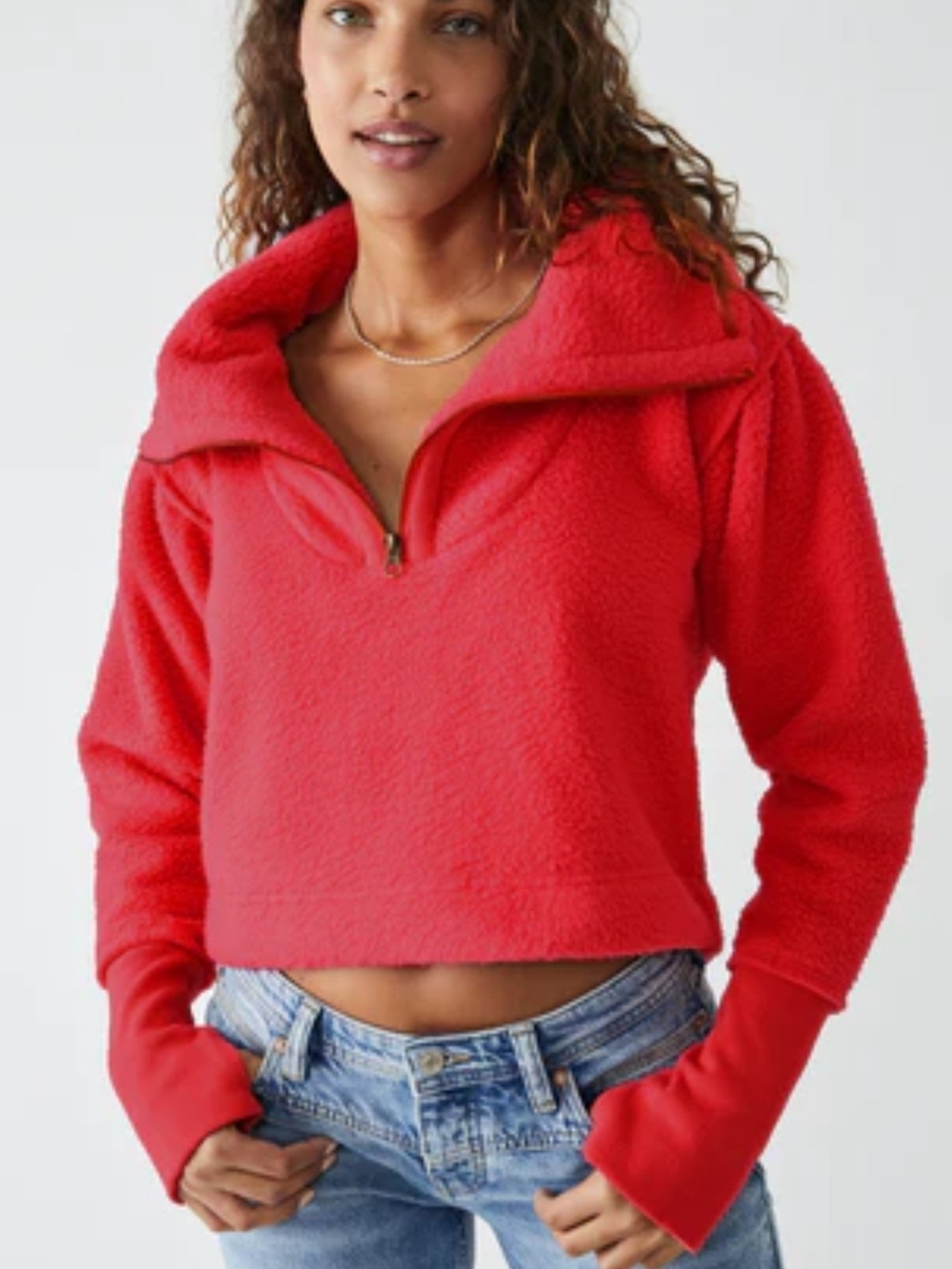 Free People Red Sherpa Pullover with Branded Neck Tag